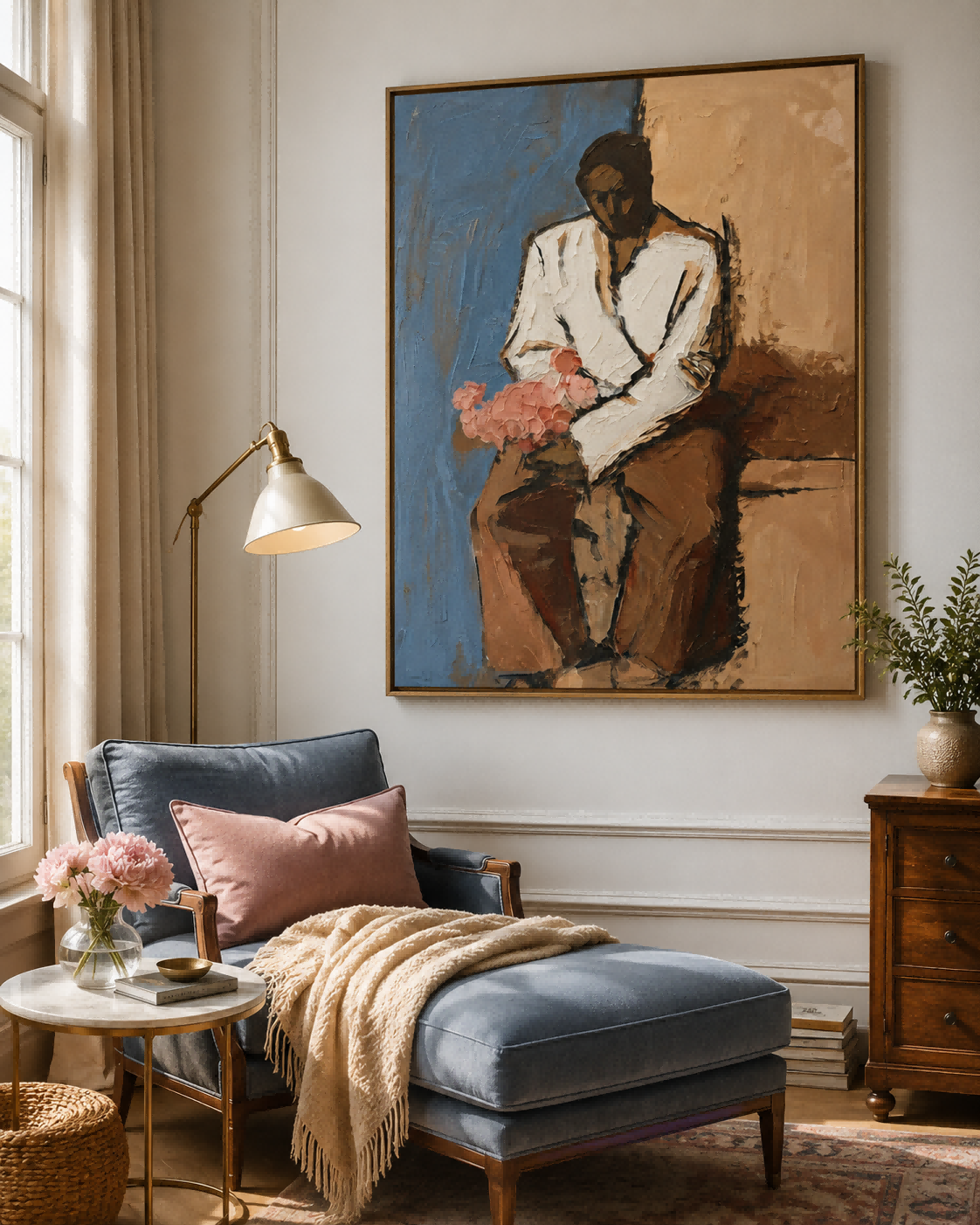 Expressive Figure Art With Thick Brushstrokes And Blue Brown Tones For Study Decor