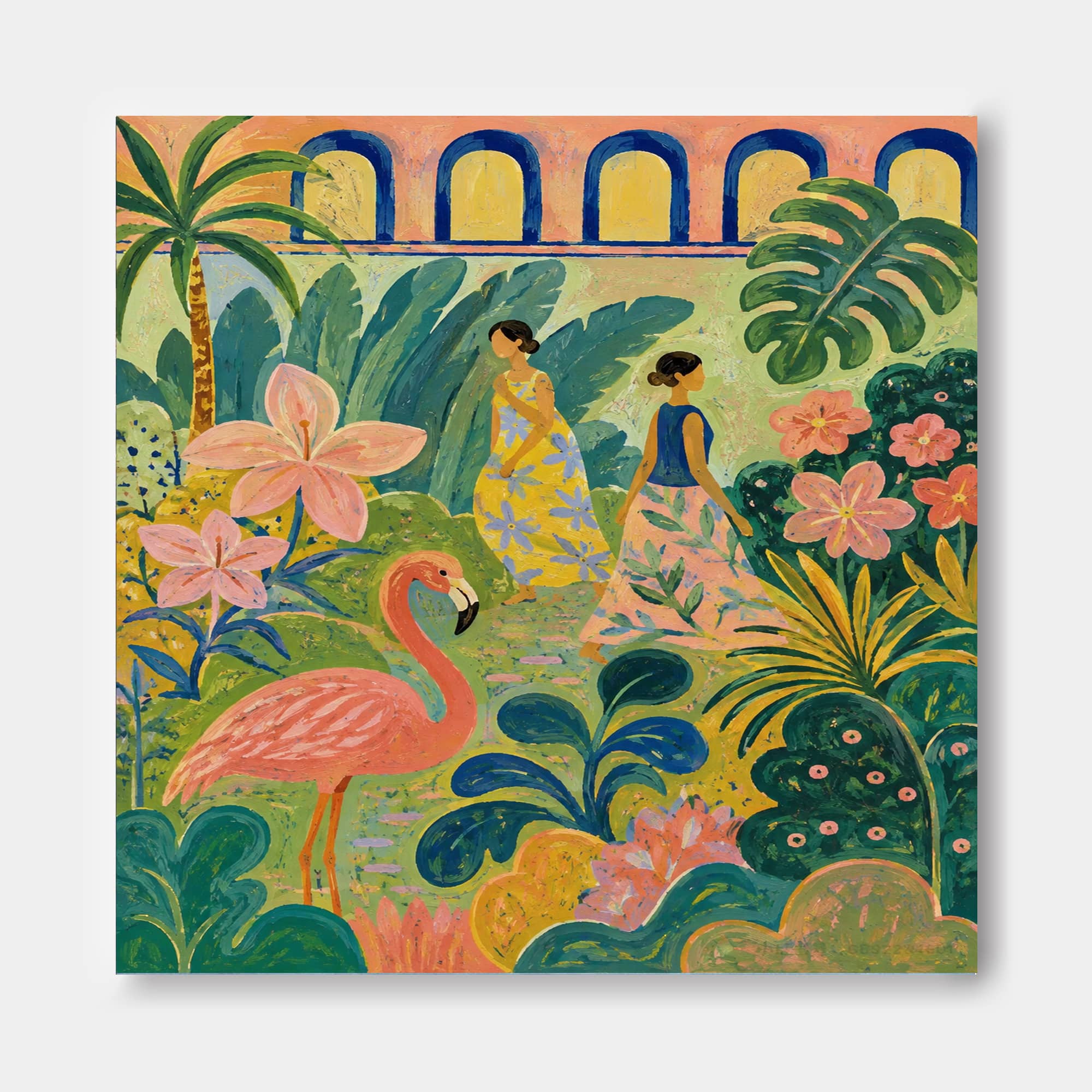 Flamingo And Women In Tropical Garden Hand-Painted Canvas Art Art Deco Fantasy Landscape Painting With Pink And Green Tones