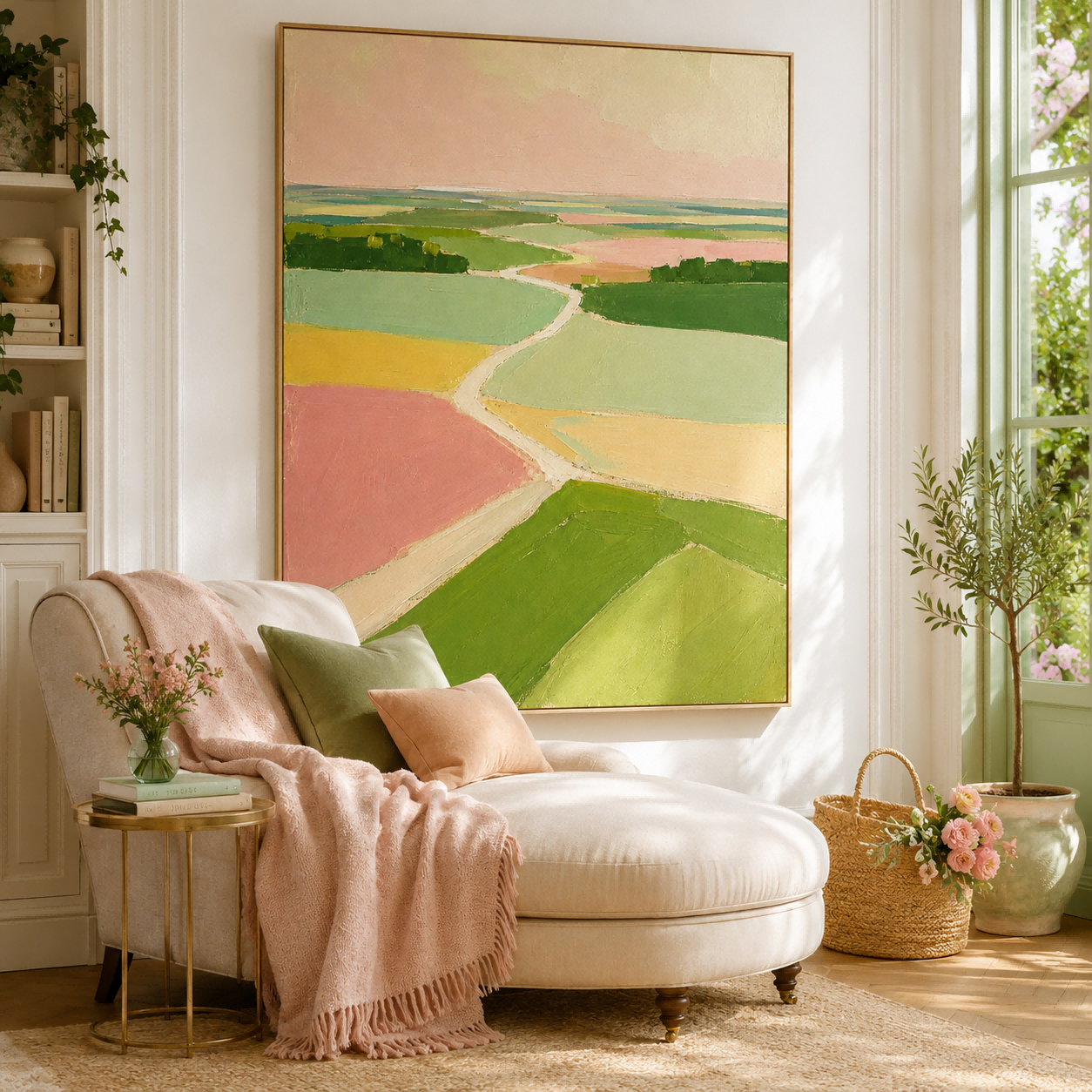Minimalist Green And Pink Landscape Art For A Serene Bedroom Or Lounge