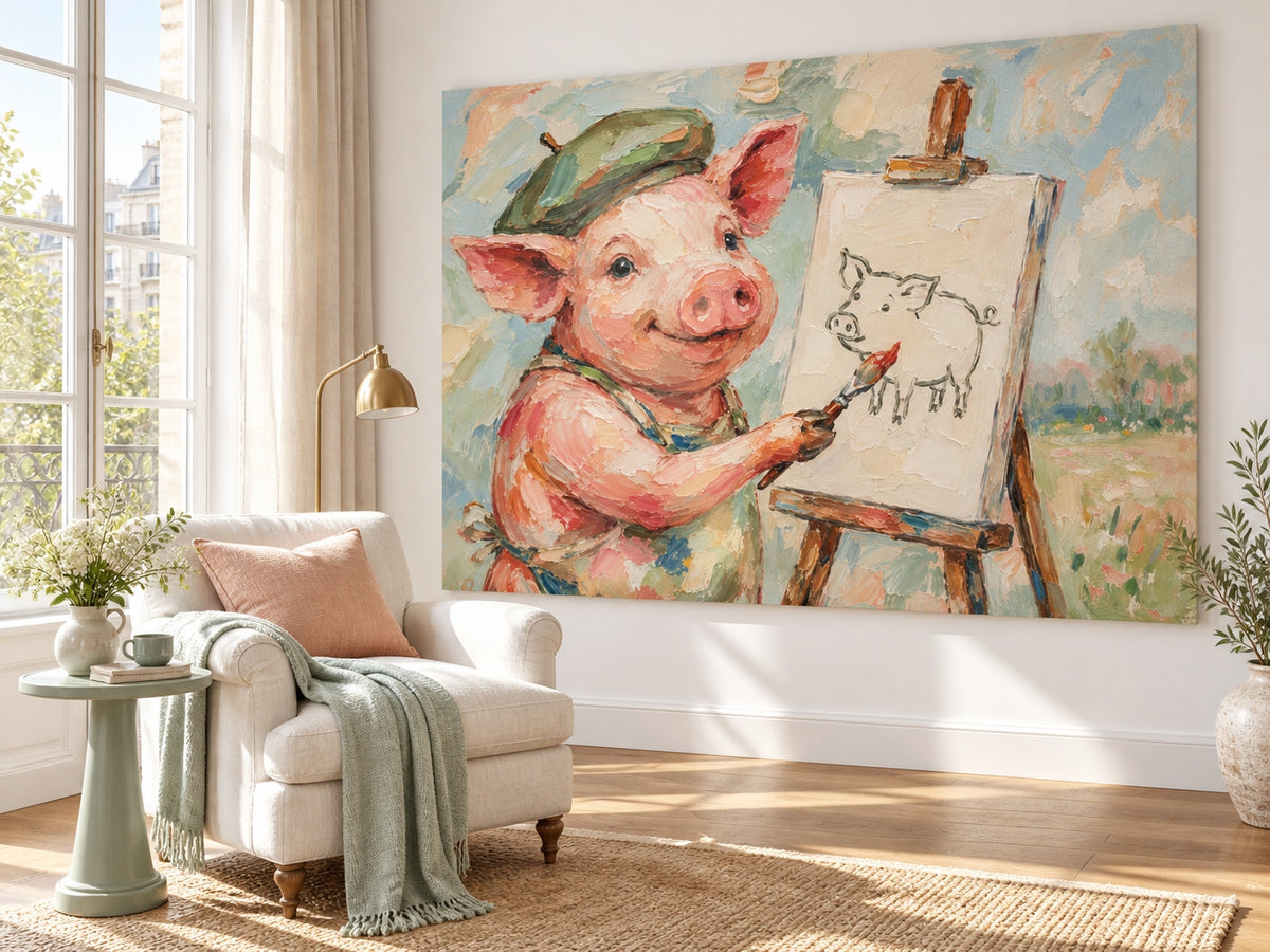 Textured Minimalist Cartoon Oil Painting Of A Creative Pink Pig