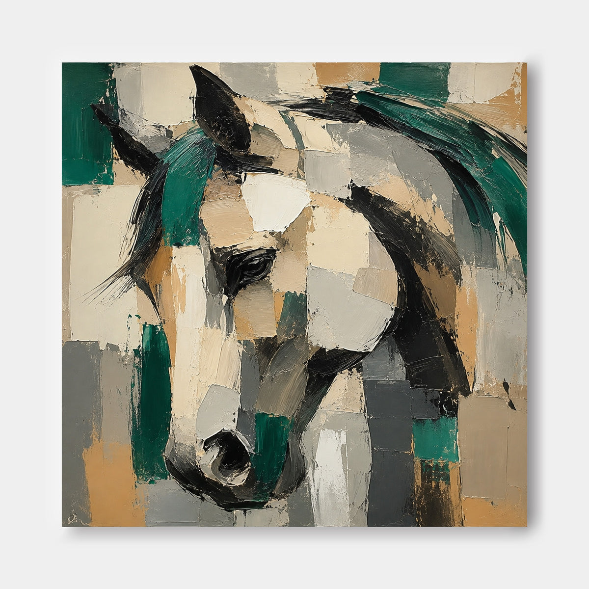 Abstract Geometric Horse Canvas Painting With Emerald Green And Beige Tones