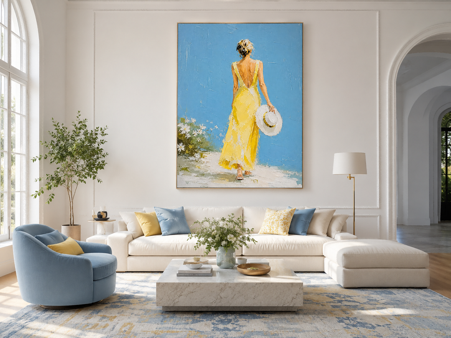 Minimalist Impasto Oil Painting Of Lady Back View With Hat And Flowers Modern Wall Art For Bedroom Or Lounge