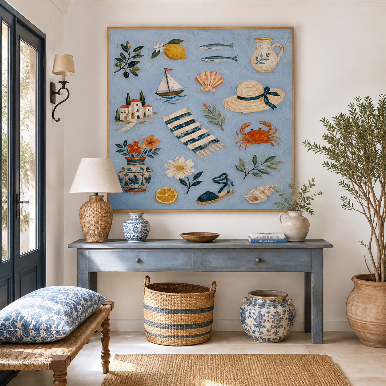 Mediterranean Bohemian Square Oil Painting With Sea Life And Lemons For Living Room Decor