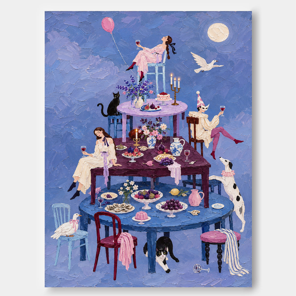 Surreal Moonlit Banquet Hand-Painted Canvas Art With Stacked Tables And Animals Vintage Dining Room Wall Art