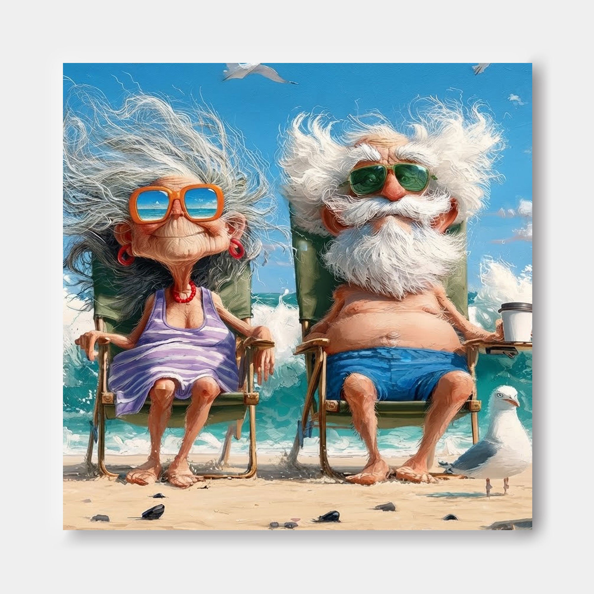 Quirky Modern Caricature Painting Of Seniors At Beach Great For Contemporary Wall Art Collections