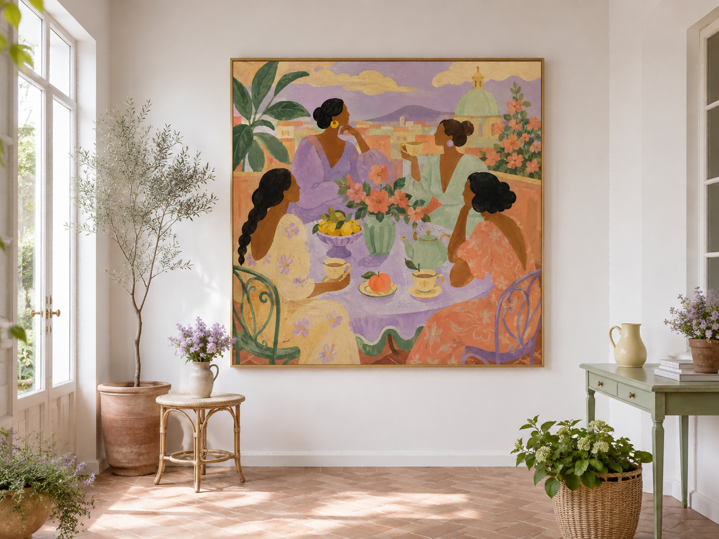 Art Deco Inspired Dreamy Female Gathering Original Canvas Art With Floral Details
