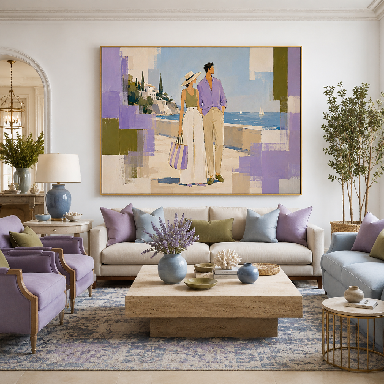 Chic Fashion Illustration Oil Painting Modern Abstract Mediterranean Couple Artwork For Living Room Wall Decor