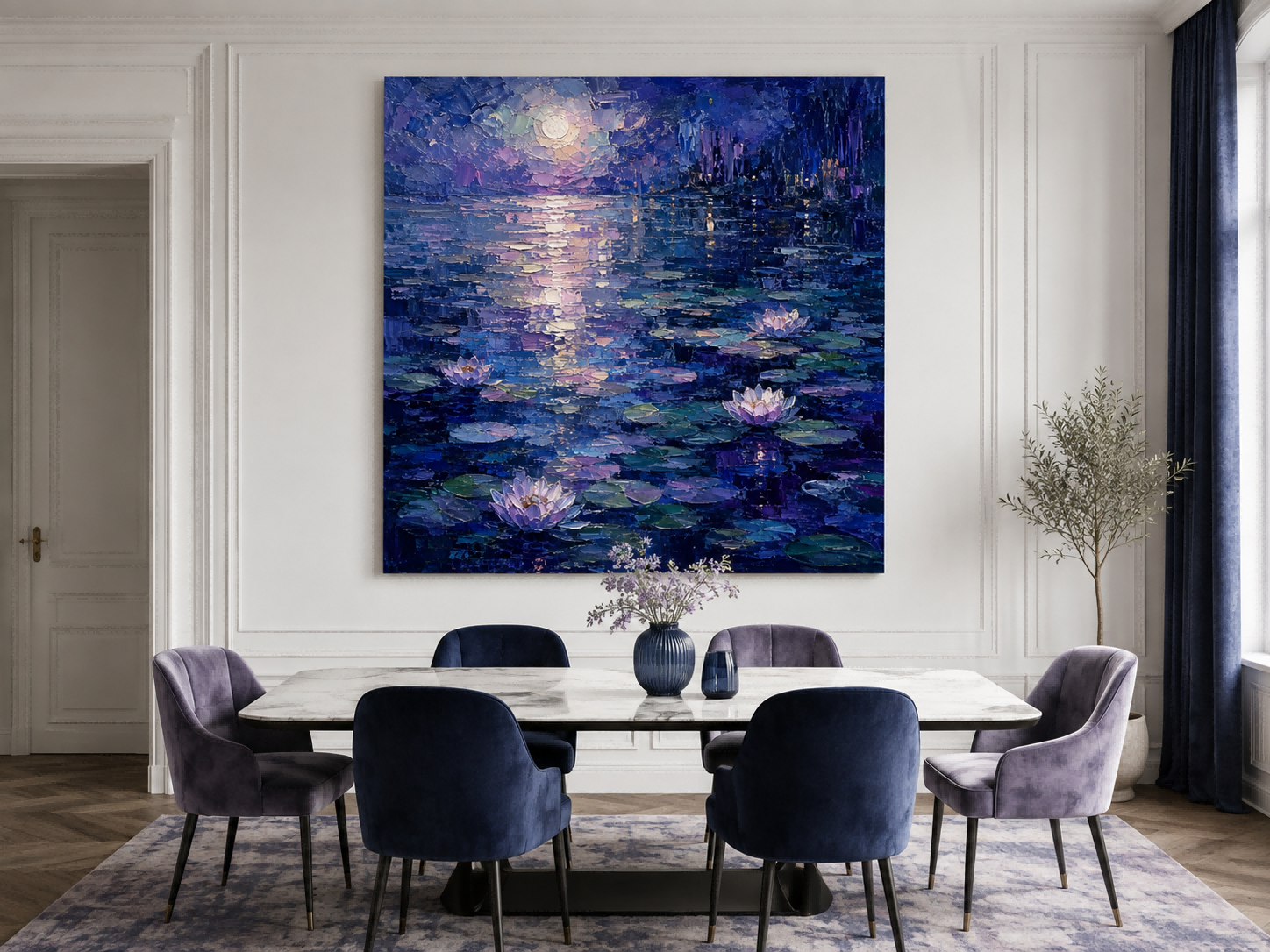 Impressionist Night Landscape Oil Painting With Heavy Texture And Moonlight