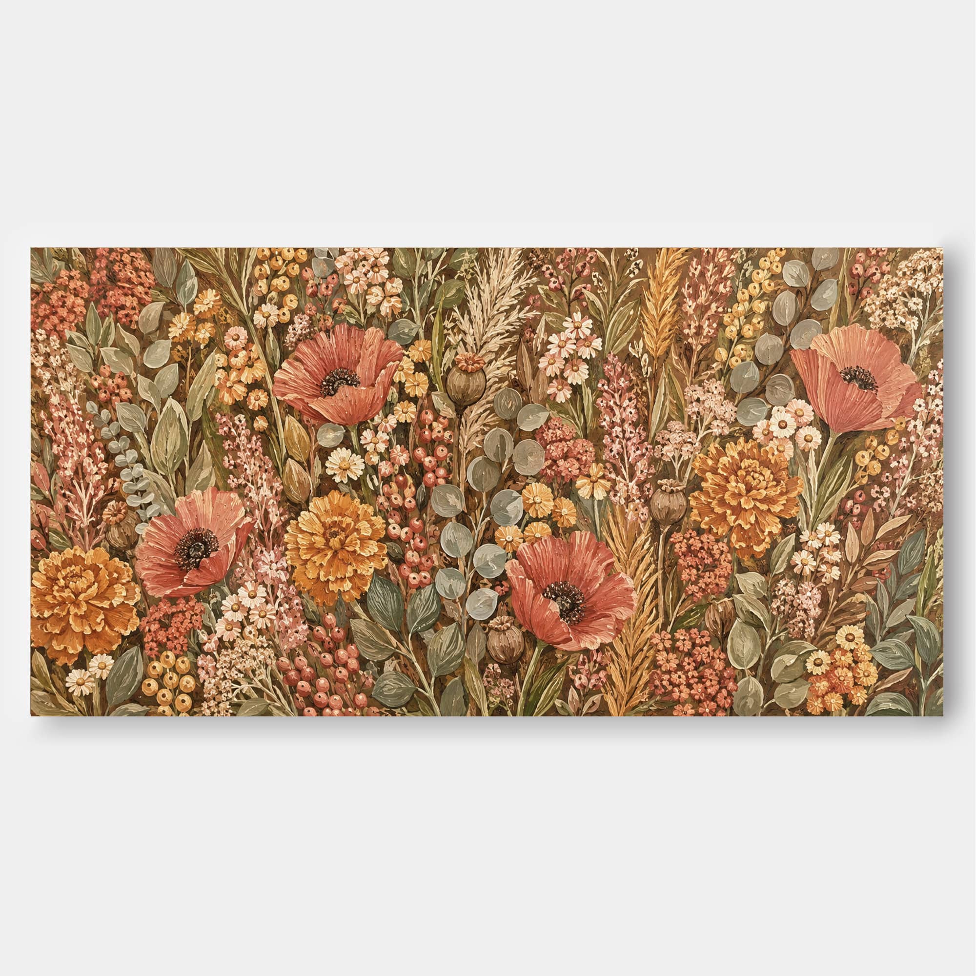 Vintage Floral Canvas Art With Poppies And Marigolds In Warm Earth Tones