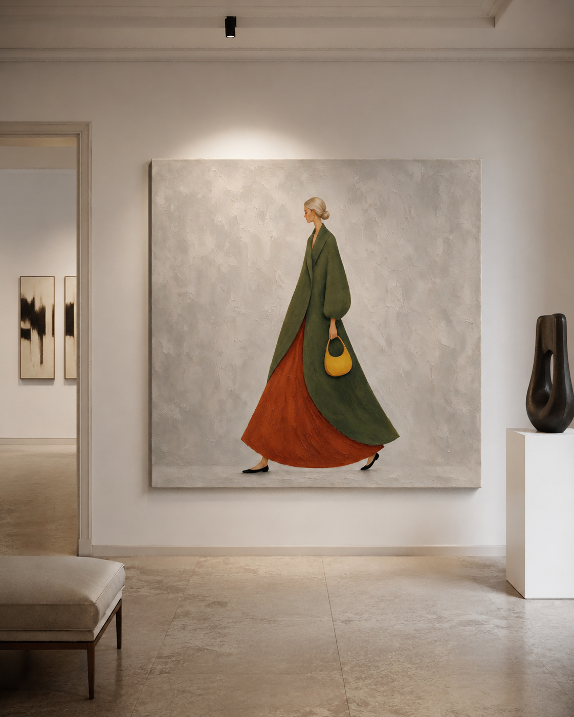 Hand-Painted Woman In Green Coat And Rust Skirt Canvas Art For Modern Home