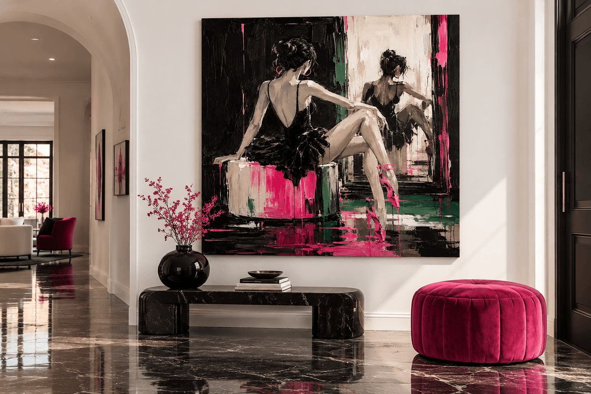Ballerina In Black And Pink Hand-Painted Canvas Art For Modern Walls Abstract Art With Gothic Elegance