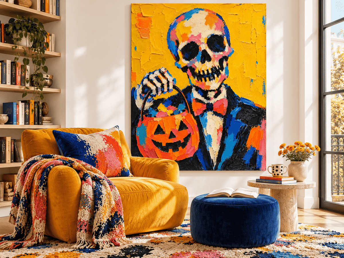 Modern Abstract Skeleton Painting With Retro Vintage Vibes Vibrant Halloween Wall Art