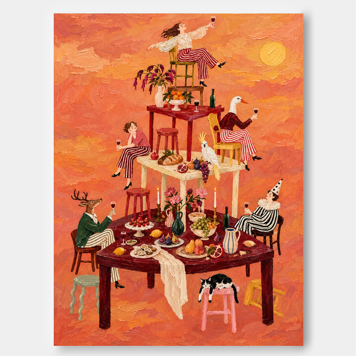 Surreal Animal Banquet Hand-Painted Canvas Art With Orange Sunset