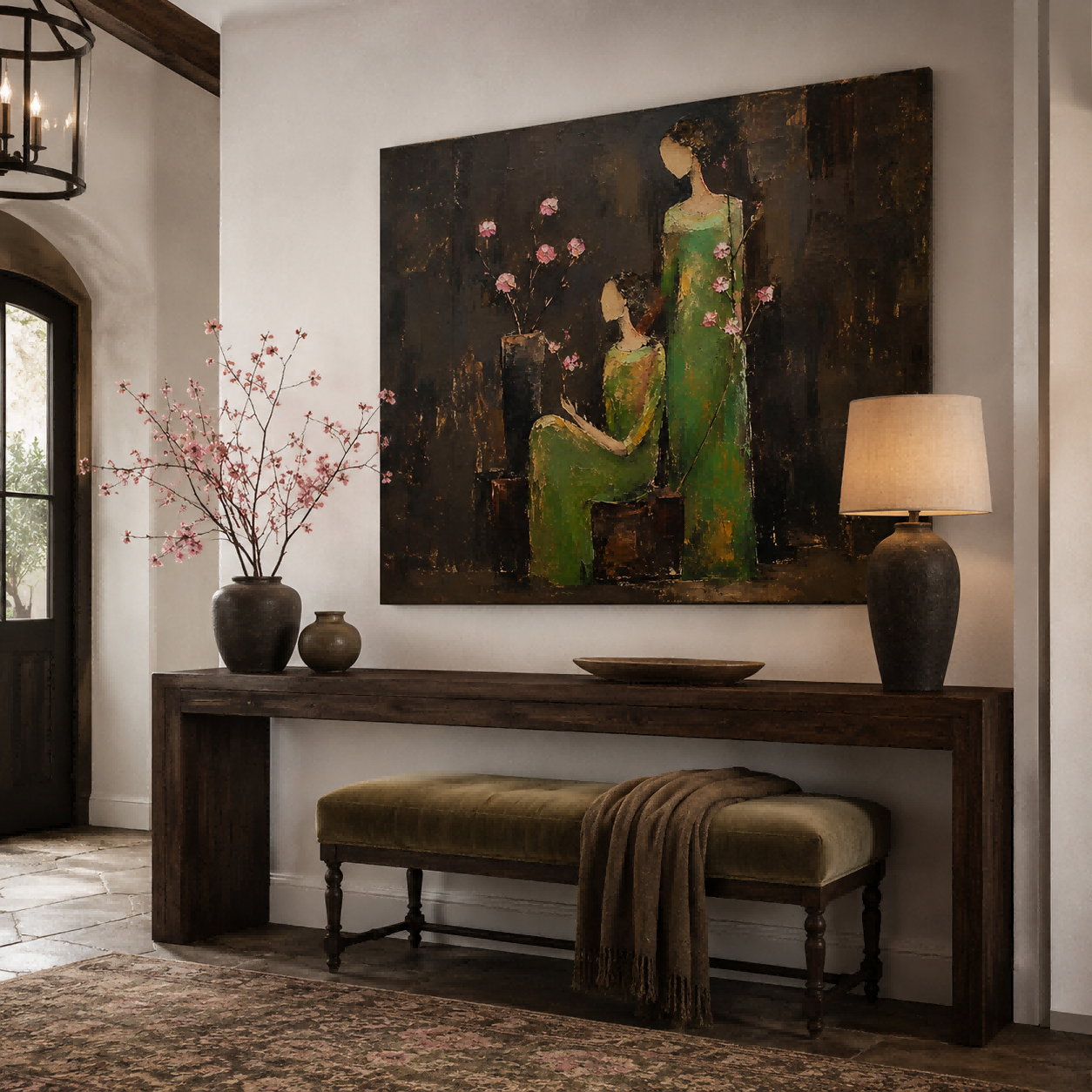 Vintage People Painting With Green Dresses And Pink Flowers For Living Room Wall Decor