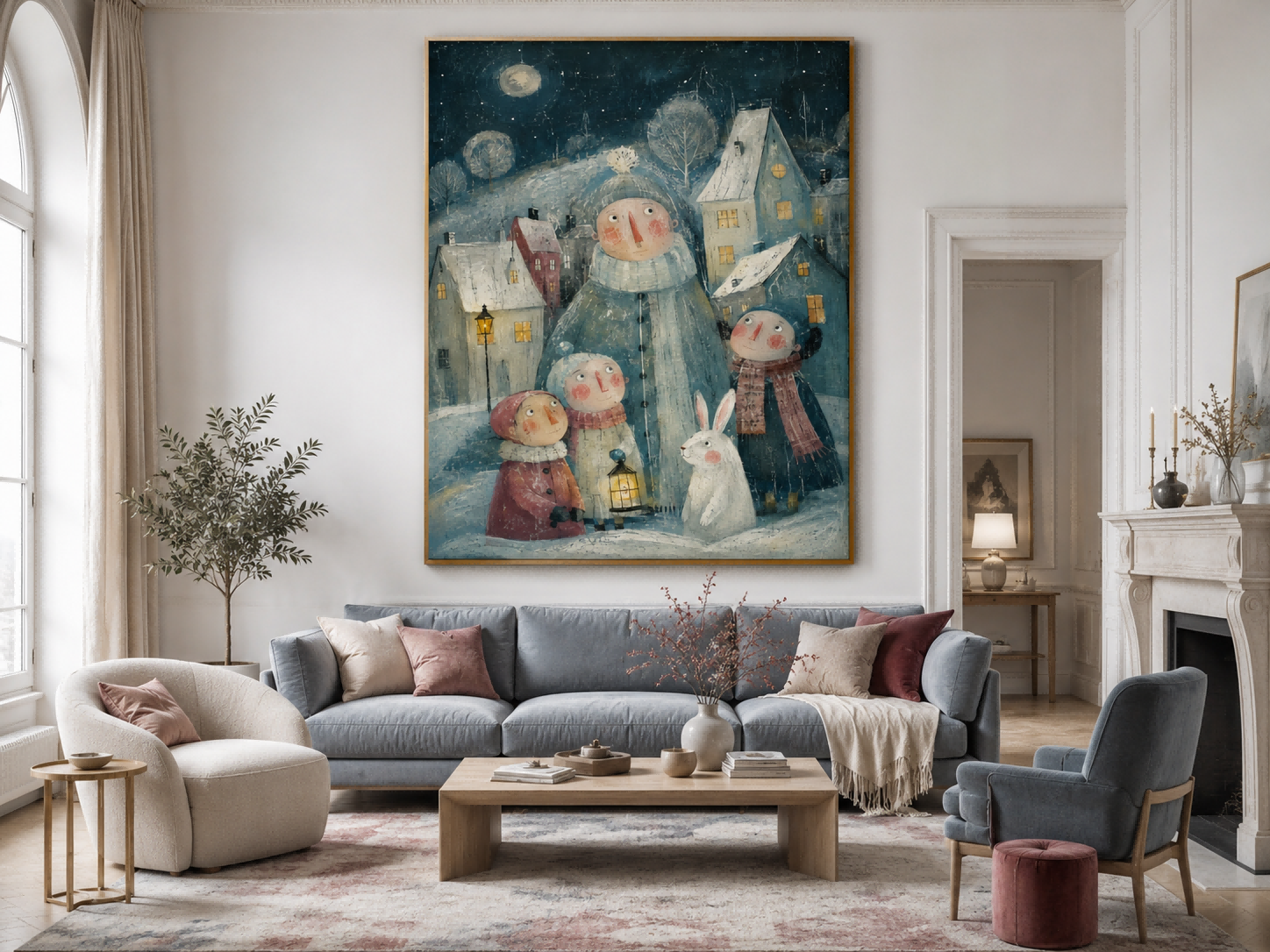 Whimsical Winter Family Scene Hand-Painted Canvas Art With Rabbit And Moon