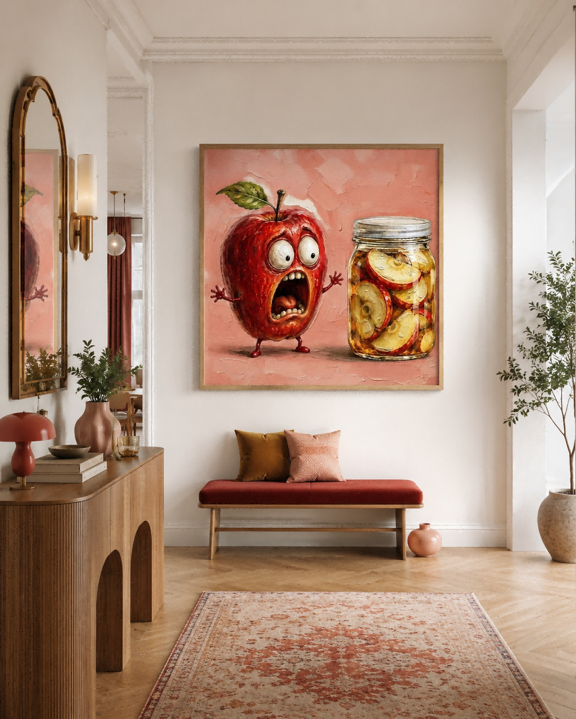 Surreal Anthropomorphic Apple Artwork With Preserved Fruit Jar For Playful Rooms