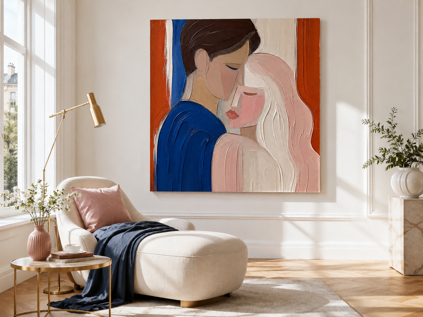Modern Abstract Couple Painting With Impasto Texture For Romantic Home Decor