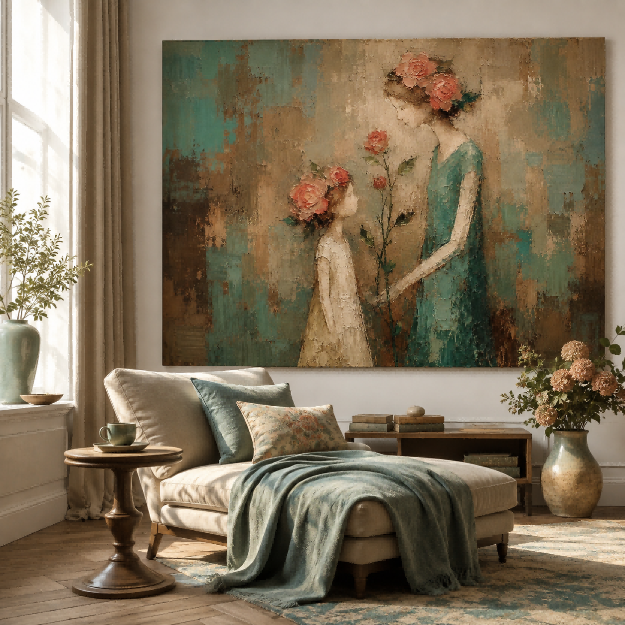 Hand Painted Impasto People Art With Soft Pink Flowers In Retro Style For Bedroom And Lounge Walls