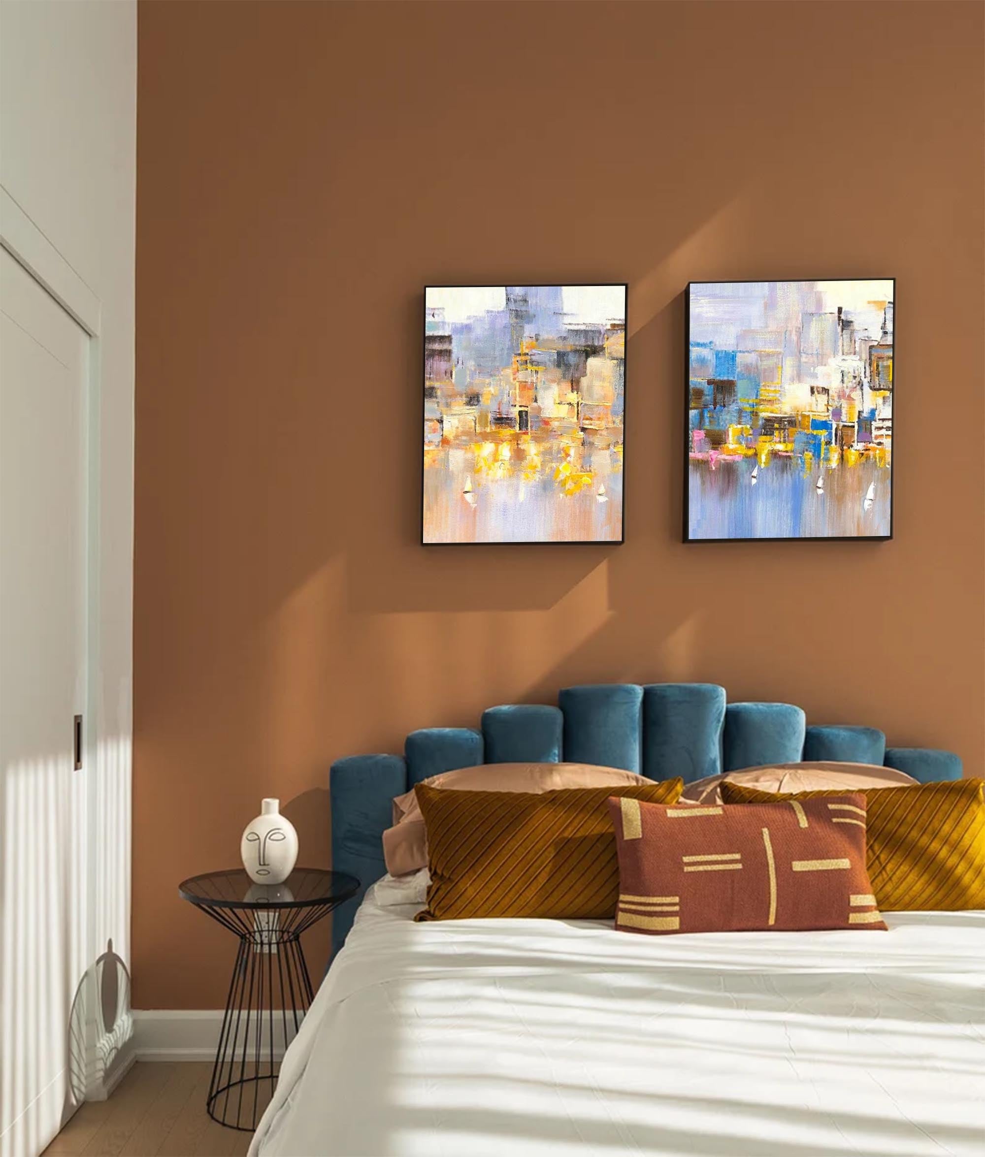 Set of 2 Abstract City Oil Painting Contemporary Textured Canvas Painting  Modern Wall Art Home Decor