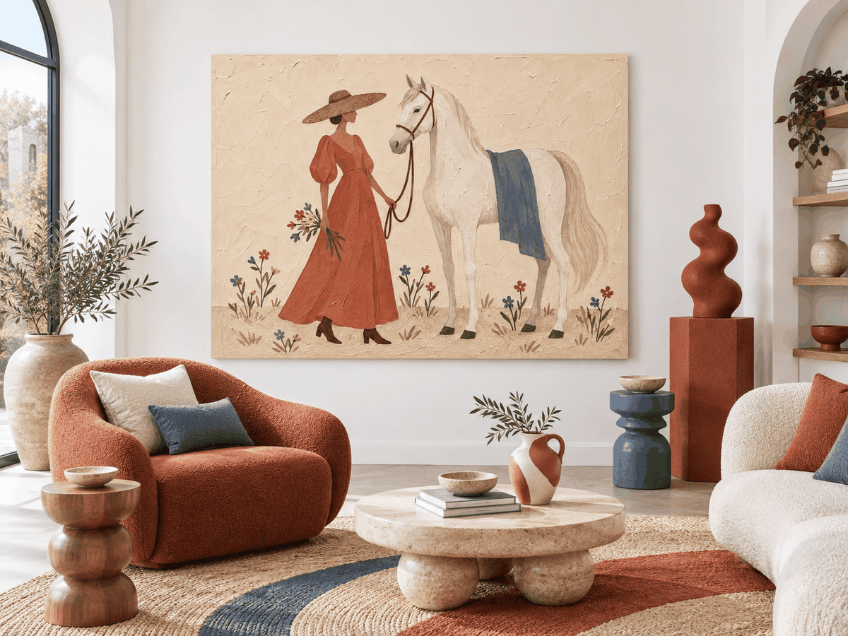 Woman With White Horse Hand-Painted Canvas Art In Vintage Red Dress