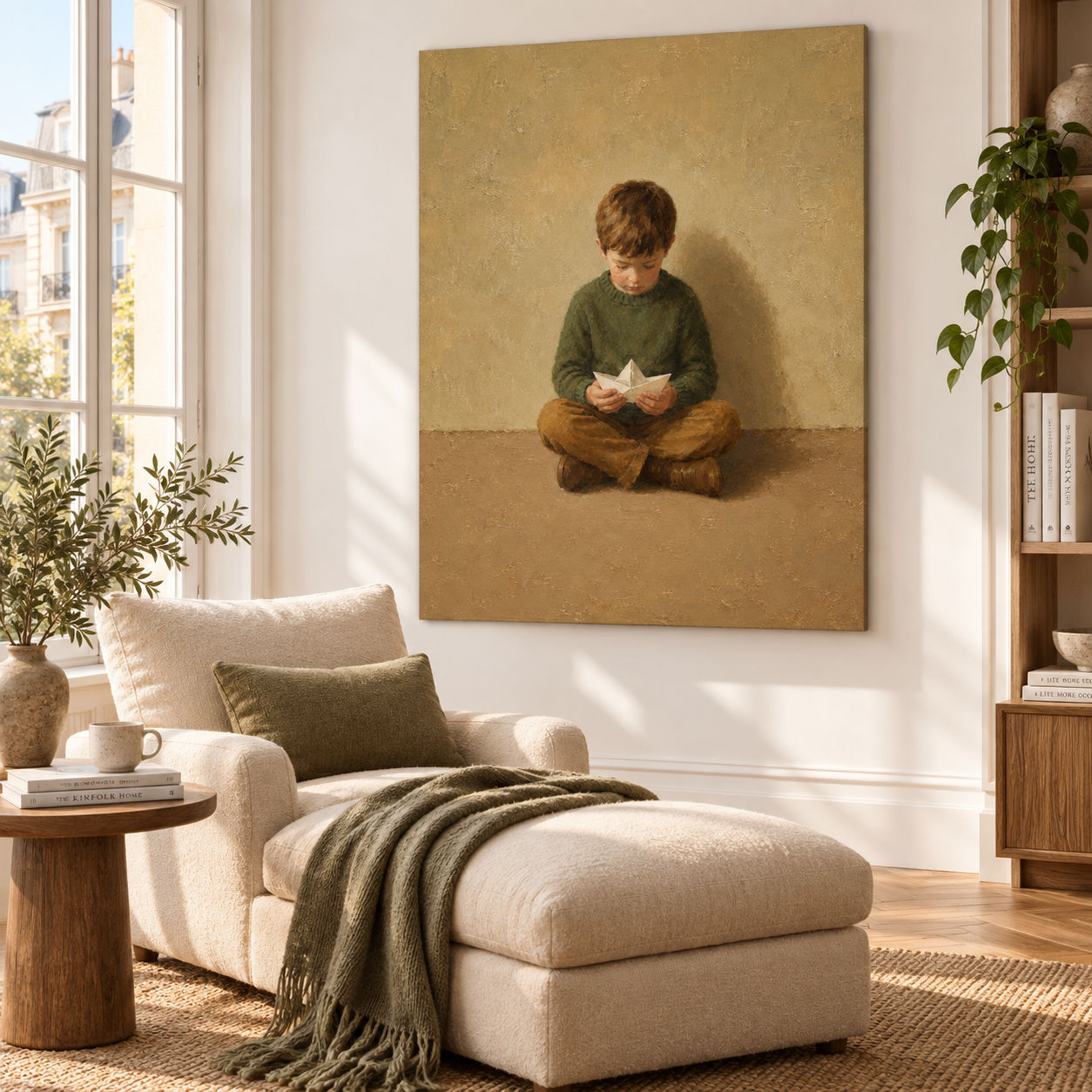 Boy With Paper Boat Hand-Painted Canvas Art In Green And Beige Tones
