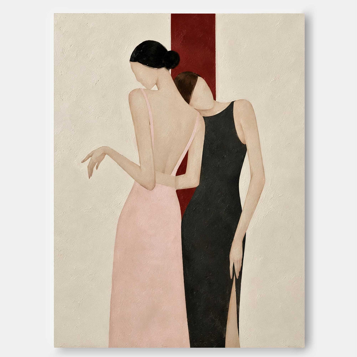 Two Women Embrace Minimalist Canvas Painting In Pink And Black