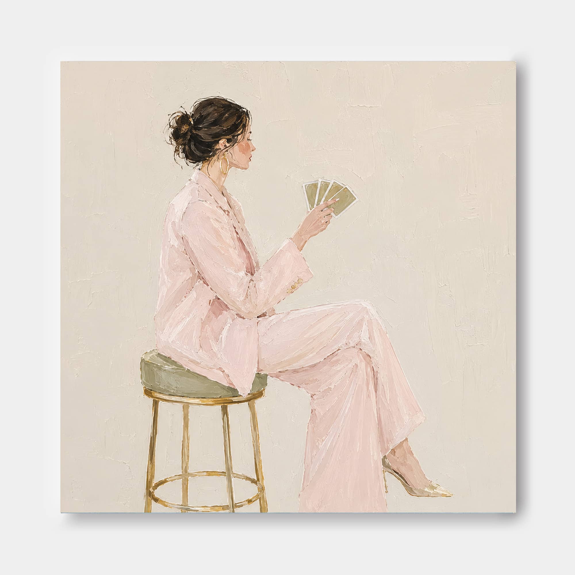 Chic Feminine Portrait Oil Painting Gold Stool Minimalist Art For Lounge Areas