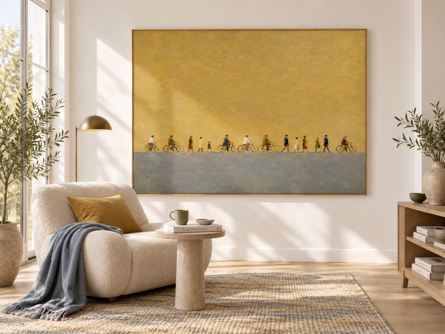 Vintage People Procession Hand-Painted Canvas Art In Gold And Grey Tones
