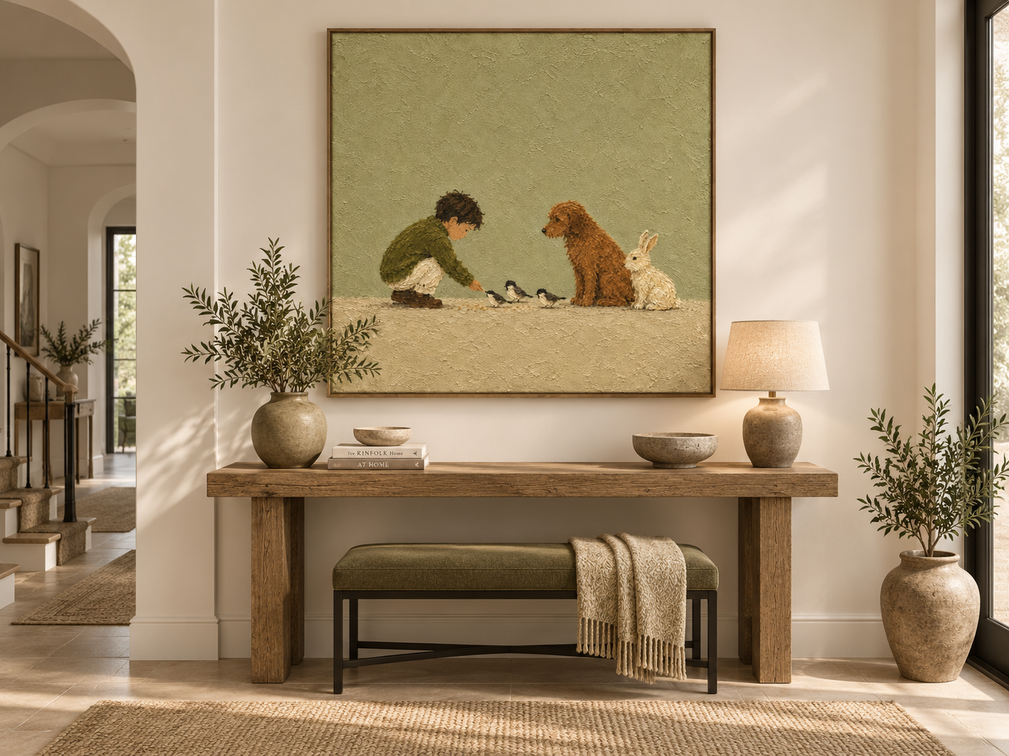 Modern Abstract Storytelling Art With Textured Olive Background