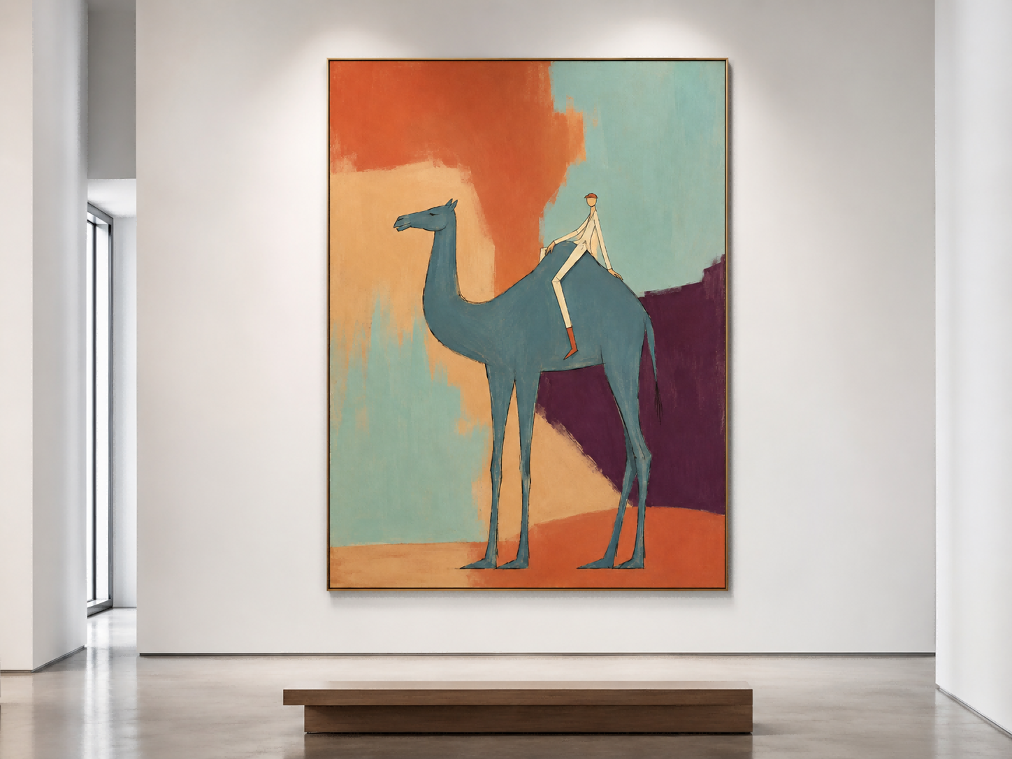 Creative Modernist Figurative Art With Bold Colors And Unique Composition Blue Camel And Rider Abstract Canvas Painting With Color Block Background