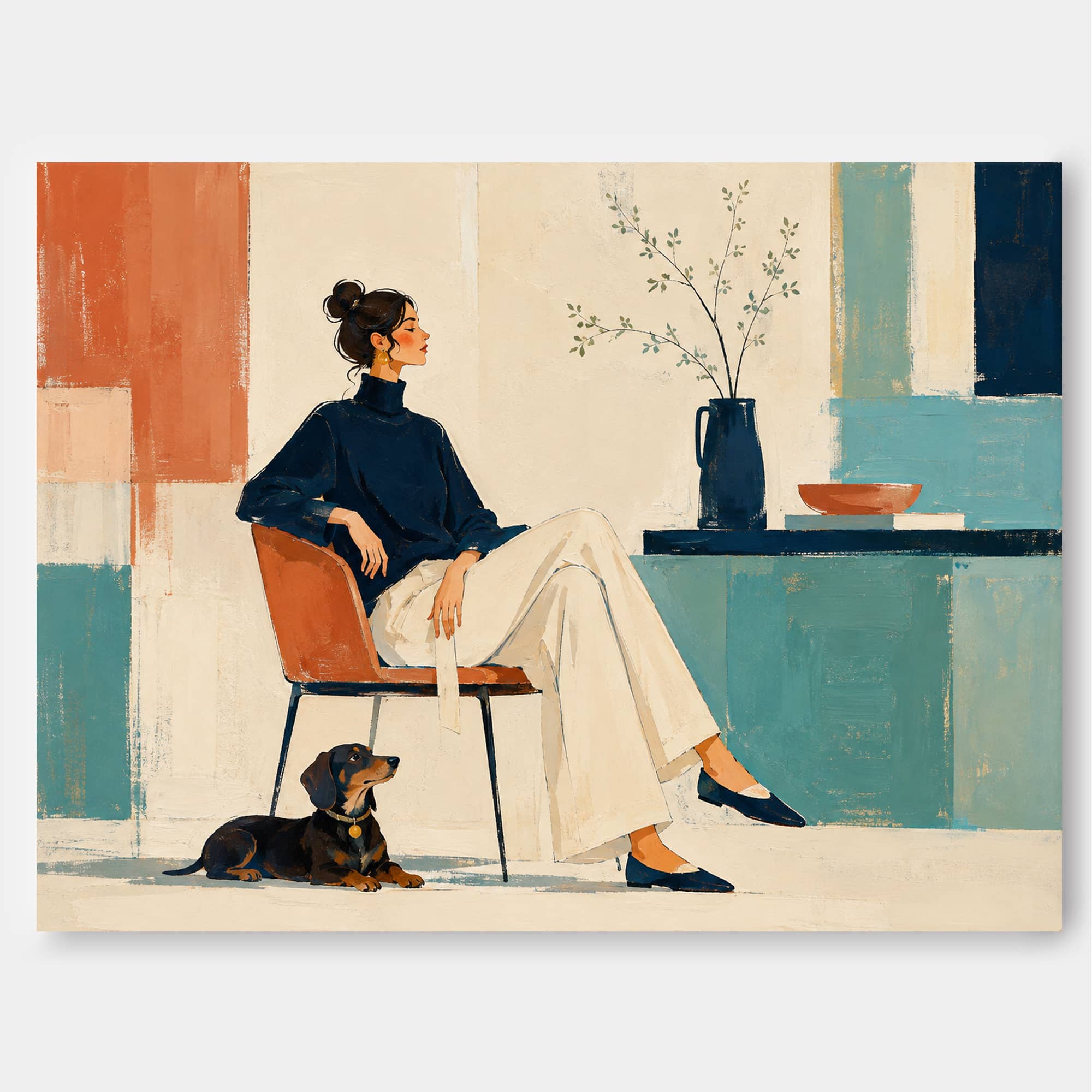 Stylish Illustrative Oil Painting Of Woman And Dog For Contemporary Home Interior Design