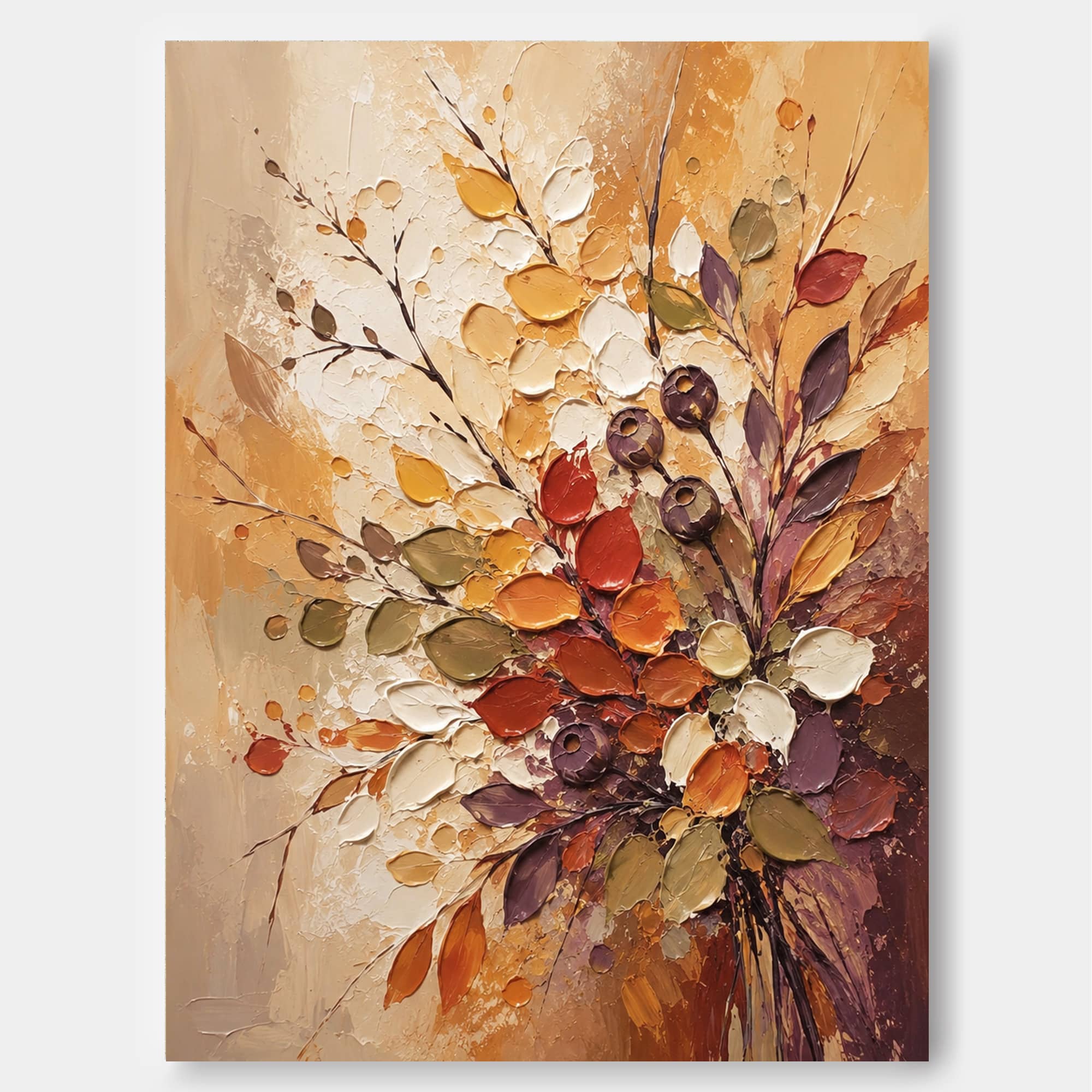 Abstract Floral Canvas Painting With Gold And Beige Tones Vintage Inspired Abstract Art With Heavy Impasto Texture