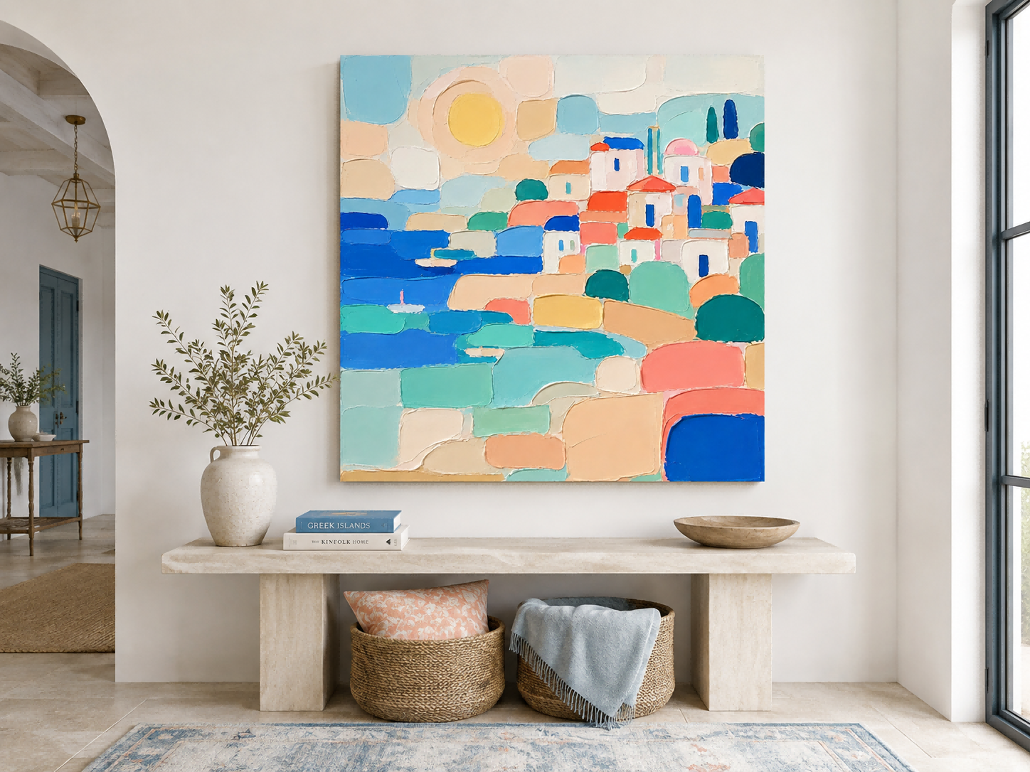 Abstract Mediterranean Town Seascape Hand-Painted Canvas Art With Blue And Orange Tones
