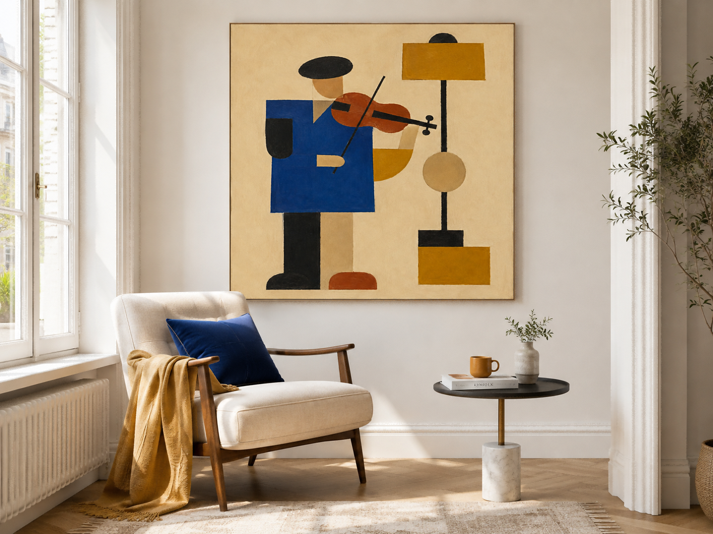 Minimalist Cubist Style Oil Painting Abstract Figure With Violin Artwork