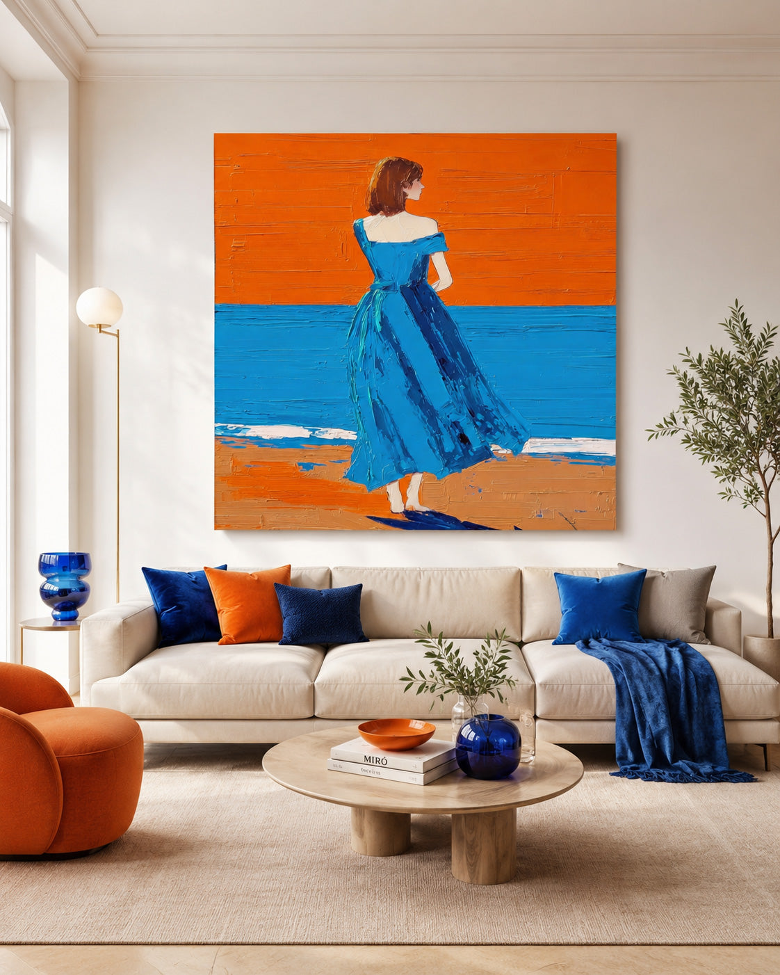 Expressive Figure Painting Solitary Woman At Sunset Beach For Living Room