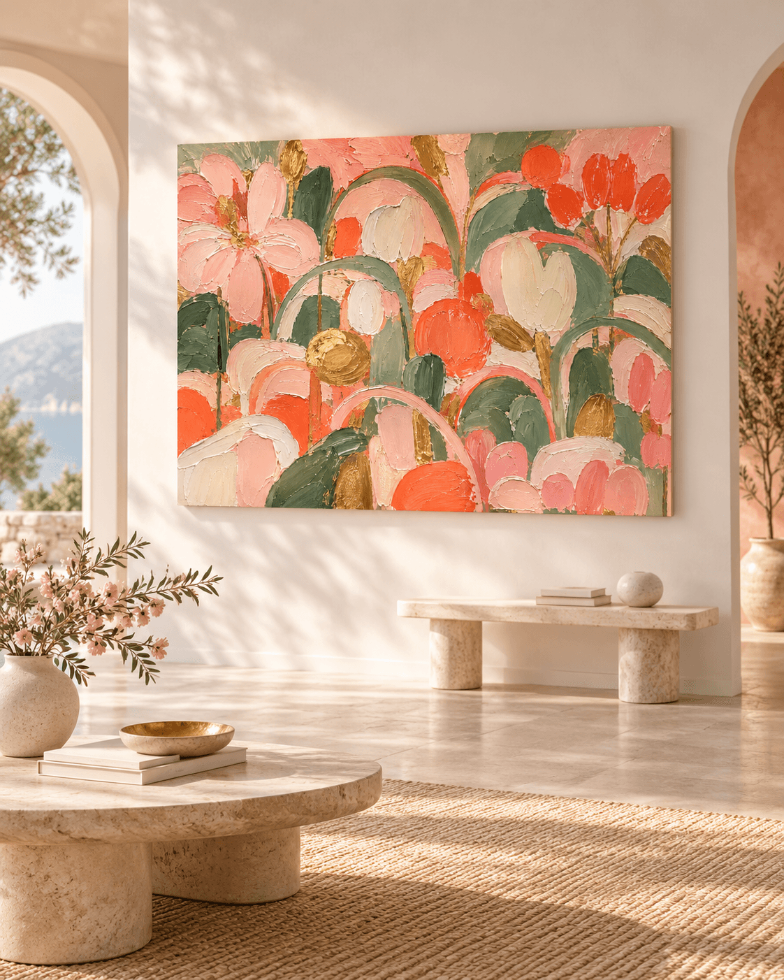 Abstract Floral Canvas Painting With Gold Leaf Accents For Modern Home Decor