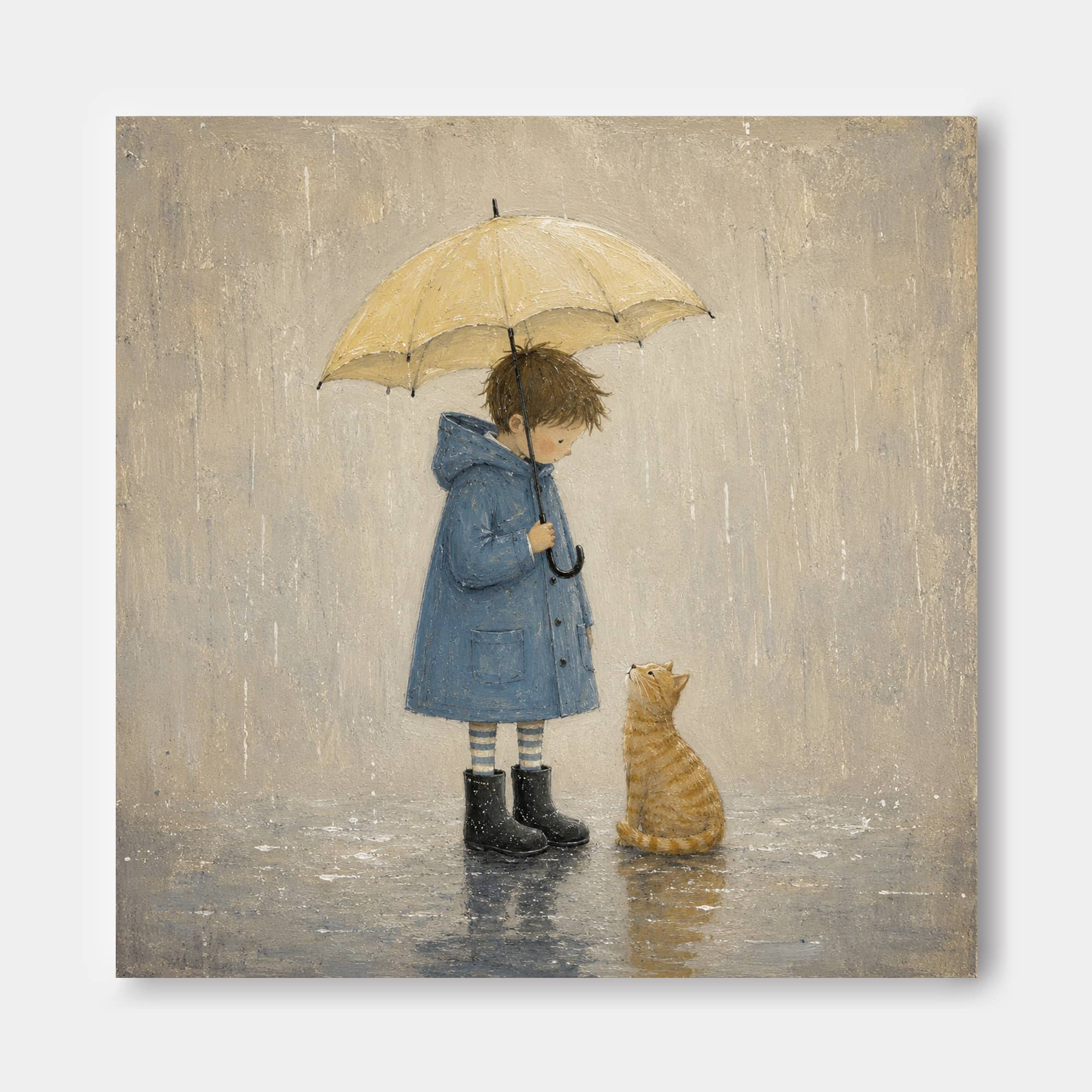 Vintage Boy And Cat Painting With Umbrella In Rain For Nursery Wall Art Decor
