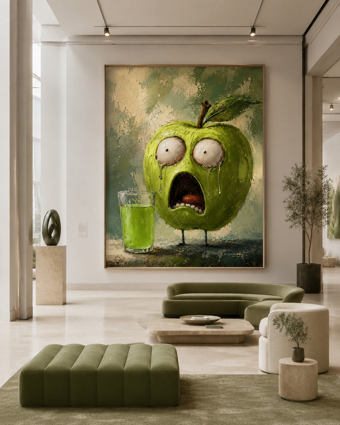 Quirky Anthropomorphic Green Apple Oil Painting With Expressive Face For Eclectic Interiors