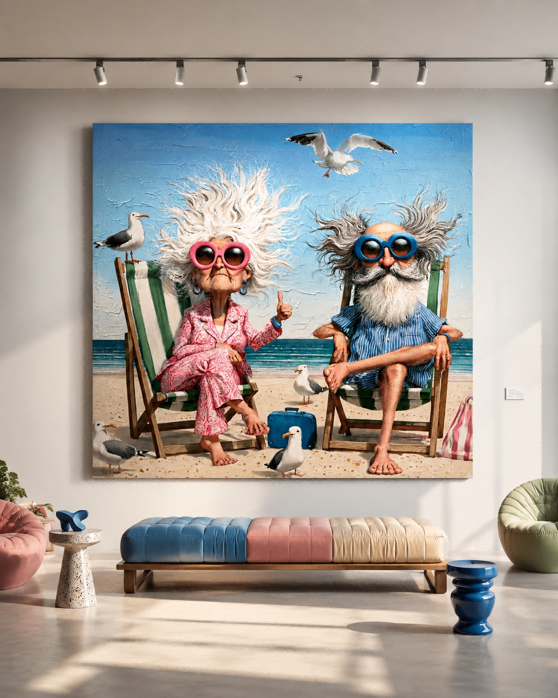 Humorous Beach Couple Painting For Living Room Decor With Ocean Vibes And Playful Style