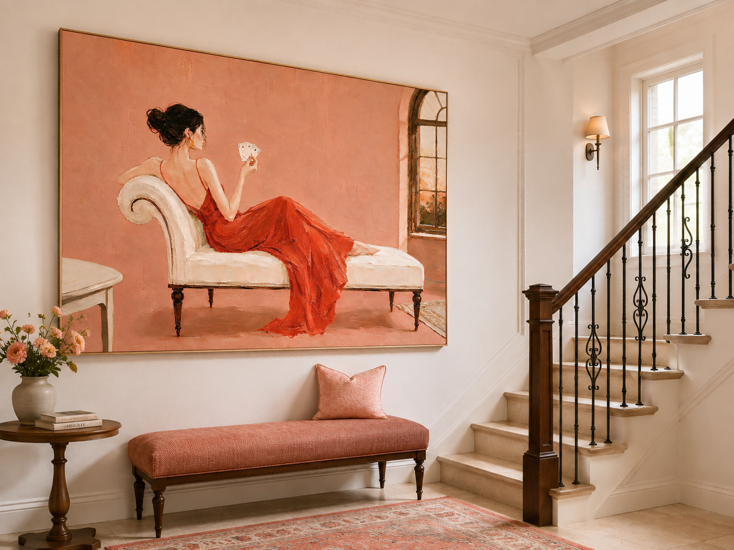 Elegant Woman In Red Dress Oil Painting For Bedroom Wall Art Decor