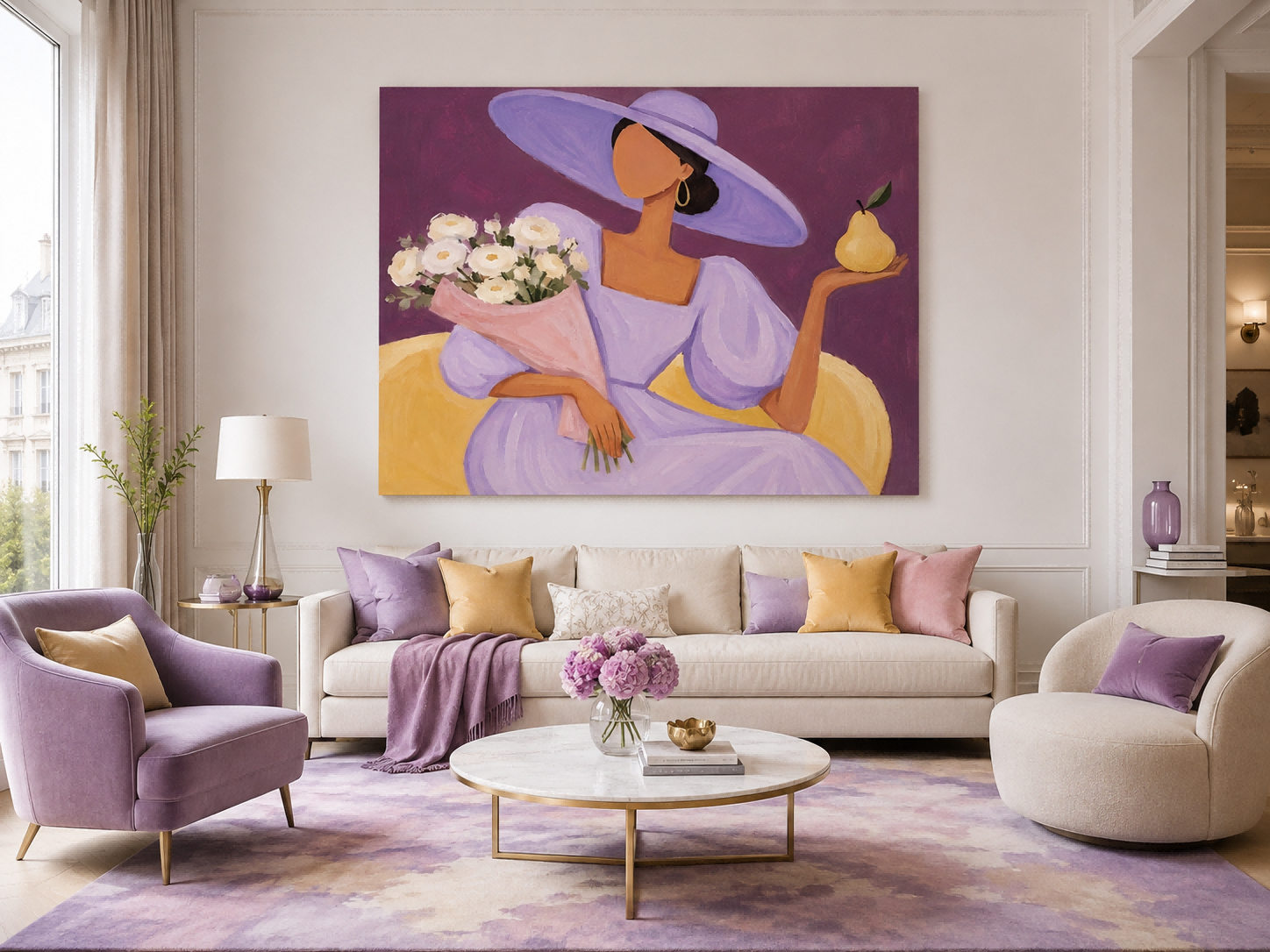 Abstract Female Figure With Yellow Pear And White Roses Modern Art Print Square Framed Canvas