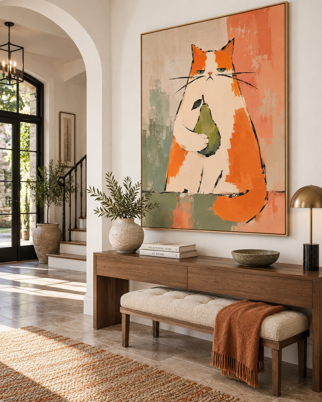 Minimalist Retro Cat Portrait Warm Tone Abstract Hand-Painted Art