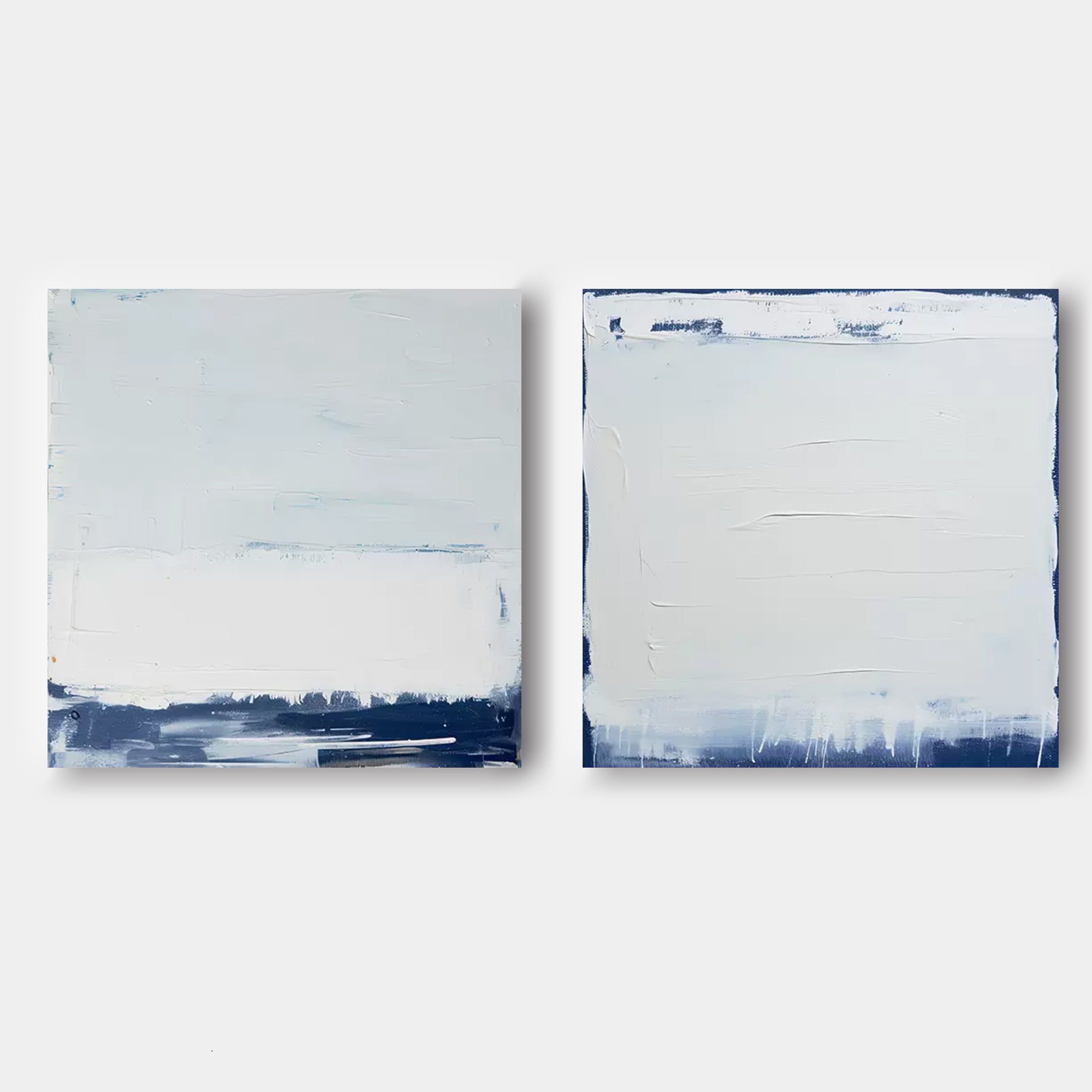 Set of 2 Large Abstract Modern Blue And White Square Original Minimalist Oil Paintings On Canvas Texture Wall Art Living Room Decor