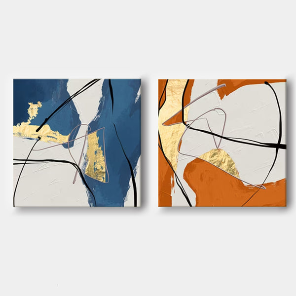 Set of 2 Large Abstract Modern Gold Blue Orange Square Colorful Original Oil Painting On Canvas Living Room