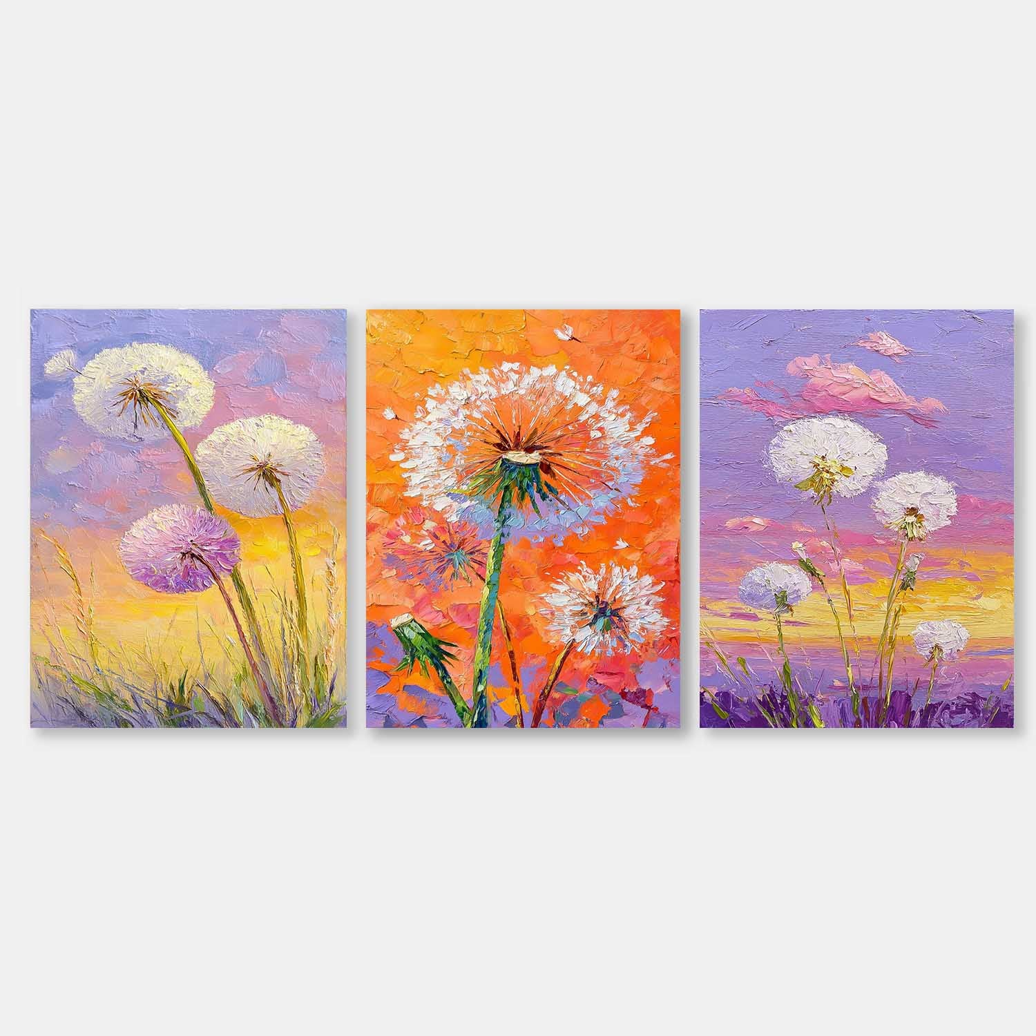 Impressionist Sunset Wildflower Painting Triptych Boho Decor Vibrant Color Dandelion Modern Floral Art