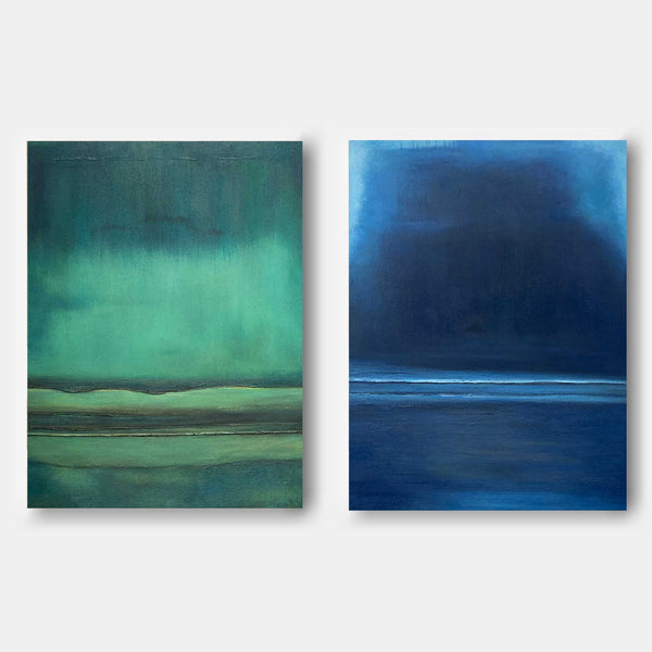 Set of 2 Blue And Green Minimalist Abstract Oil Paintings Contemporary Canvas Wall Art For Living Room