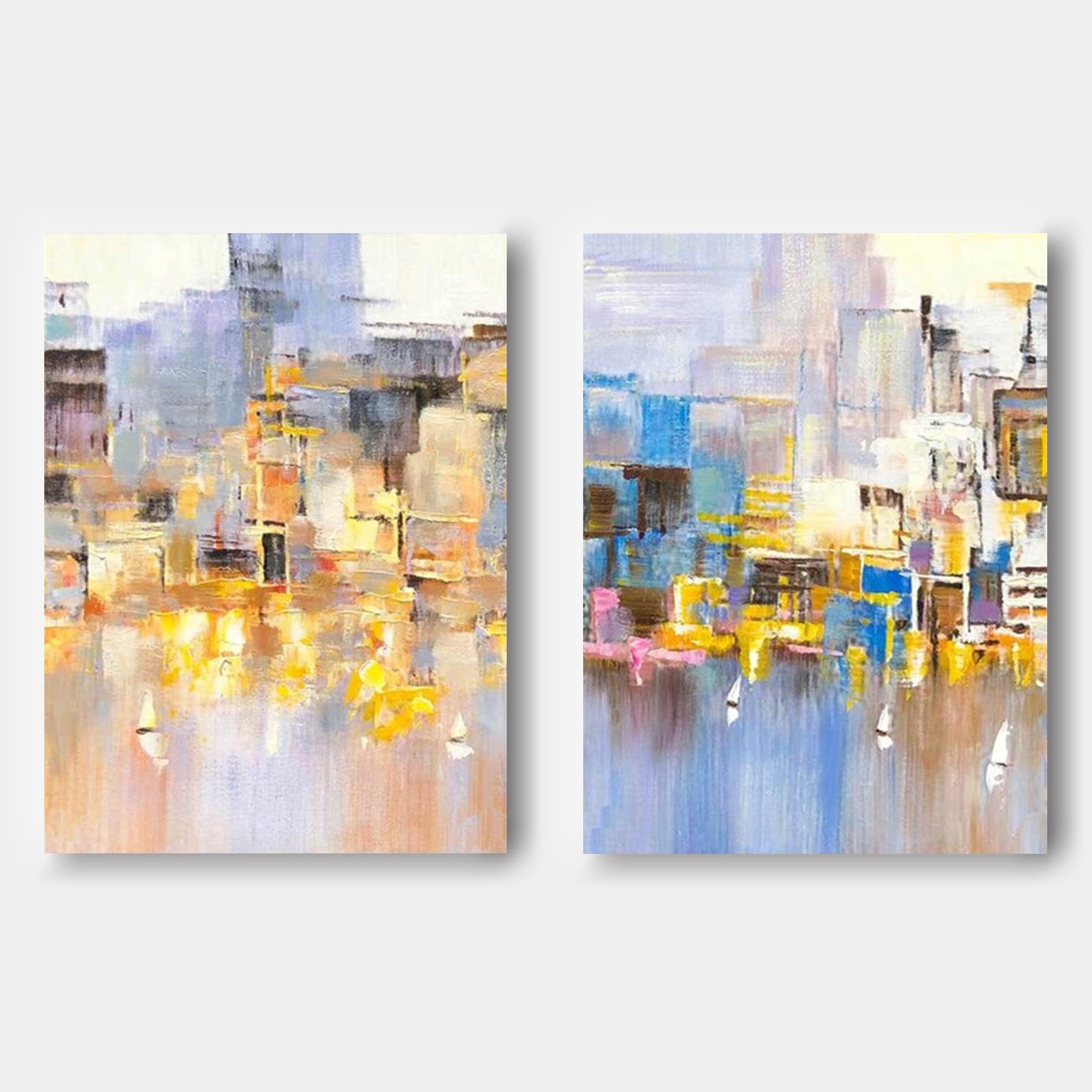 Set of 2 Abstract City Oil Painting Contemporary Textured Canvas Painting  Modern Wall Art Home Decor