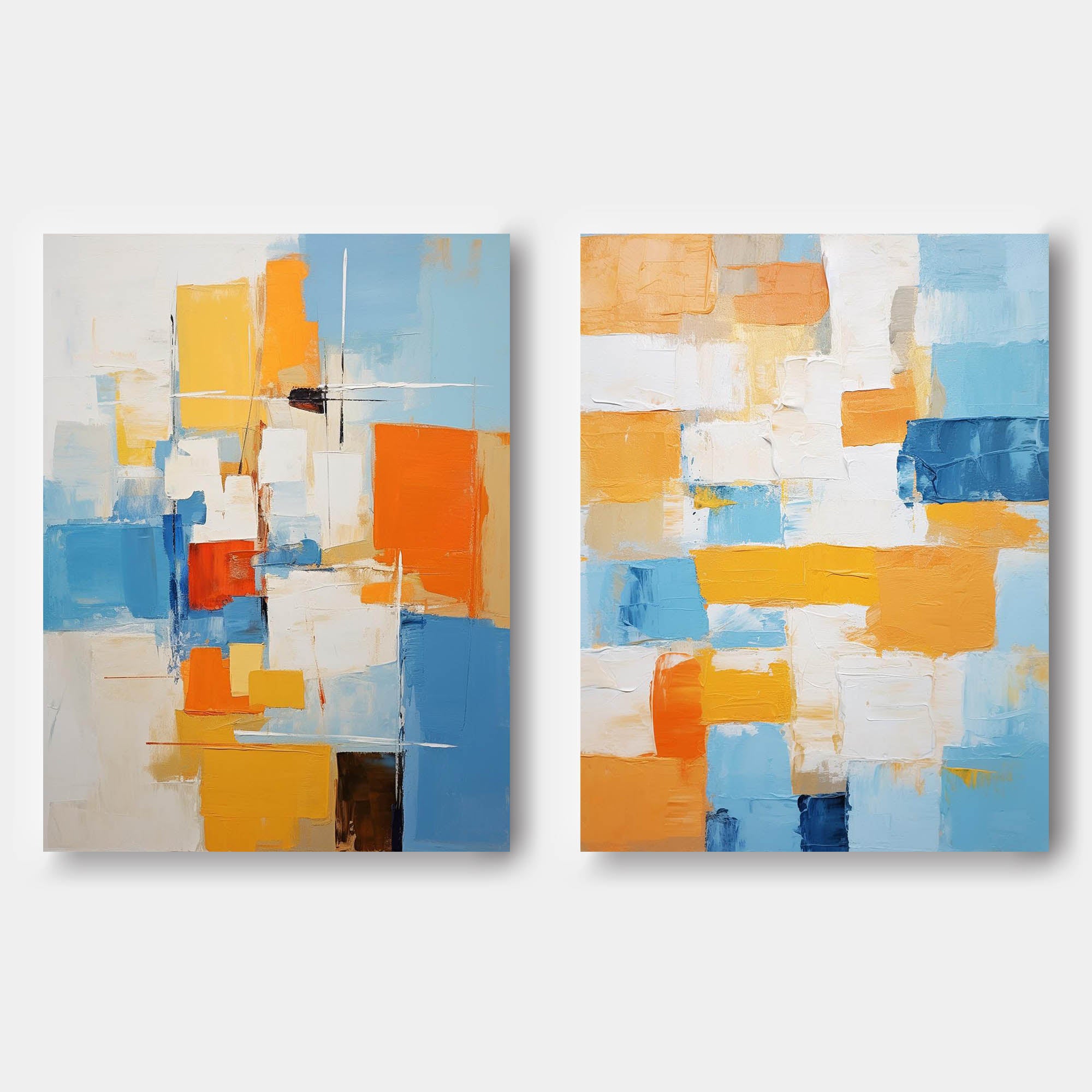 Set of 2 Blue And Yellow Large Abstract Geometry Oil Painting Modern Wall Art Original Texture Oil Painting Living Room Decor