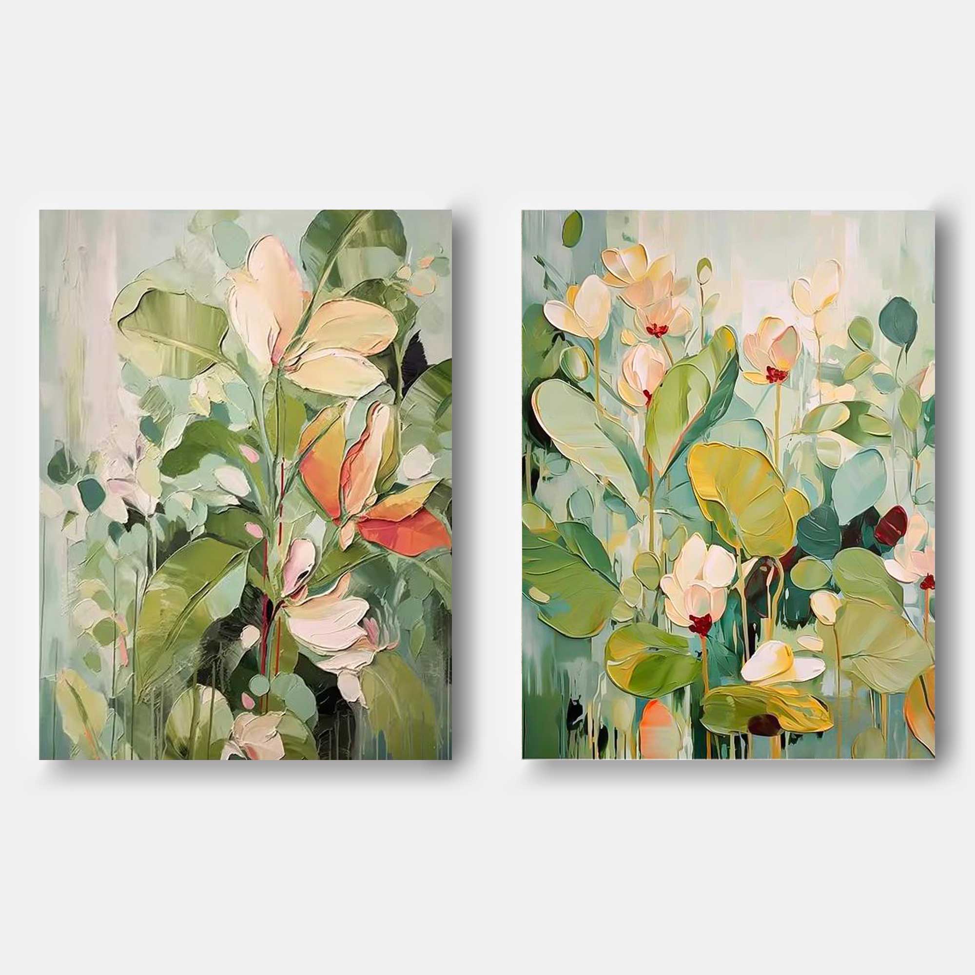 Set of 2 Green Abstract Oil Paintings Contemporary Flower Canvas Wall Art Floral Spring Artwork