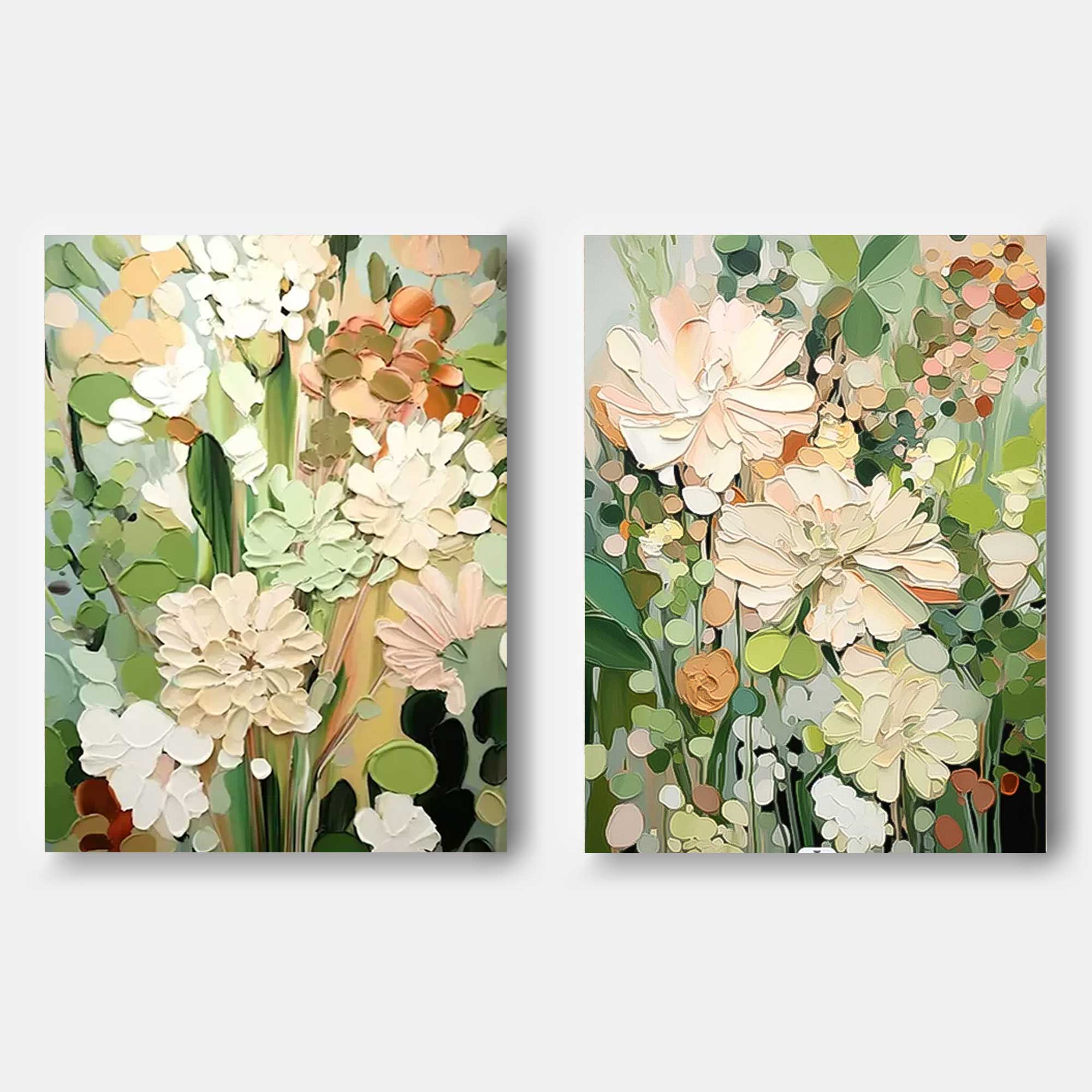 Set of 2 Sage Color Abstract Oil Paintings Contemporary Flower Canvas Wall Art Floral Spring Artwork